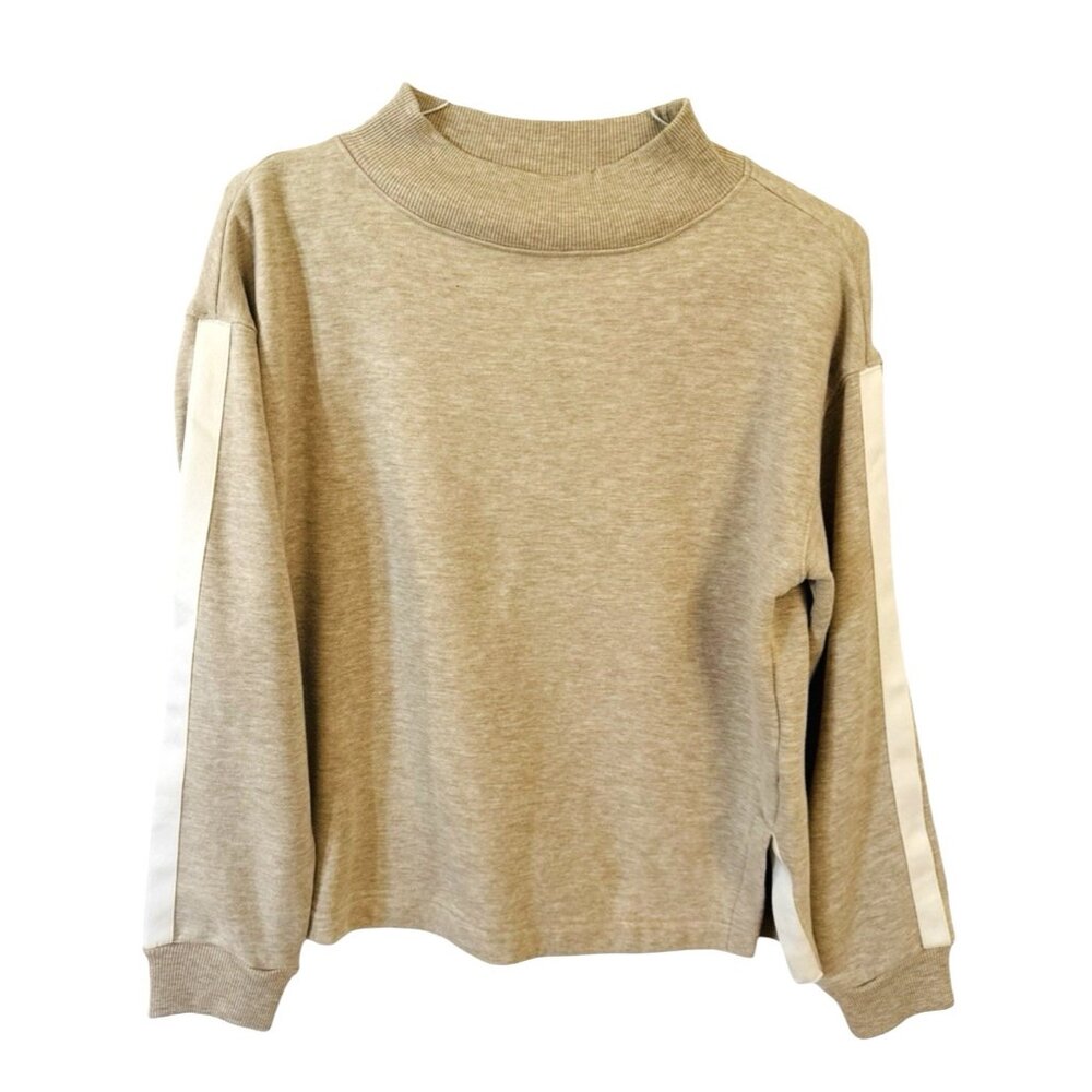 NWT LOU & GREY Fleece Oatmeal Mock Turtleneck Pullover with Ivory Accents